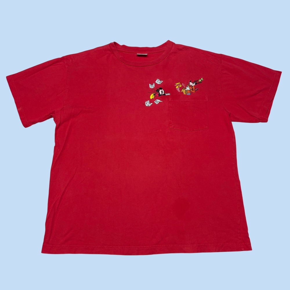 Disney Store Mens Red Mickey Mouse Goofy Saxophone Embroidered Pocket T-Shirt L